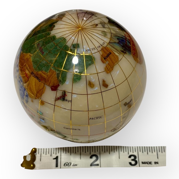 3” Gemstone Globe Paperweight with Opalite Ocean Semi-Precious Stone World Map - Picture 10 of 11